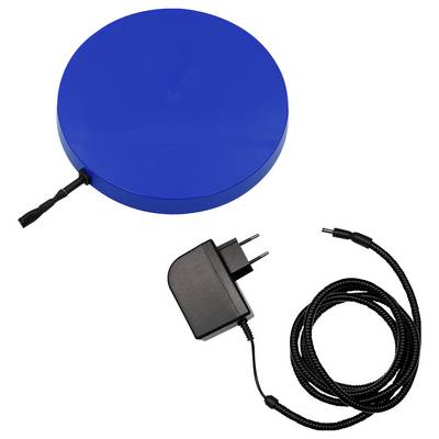 Blue circular device with attached cable and separate power adapter with coiled cord on white background.