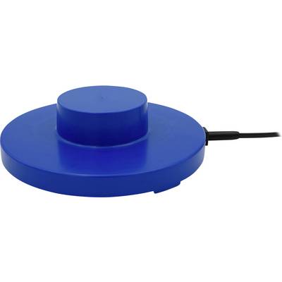 Blue circular electronic device with a raised center and attached black cable, shown on a white background.