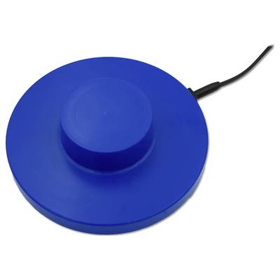 Blue round push-button foot pedal with attached cord on a white background