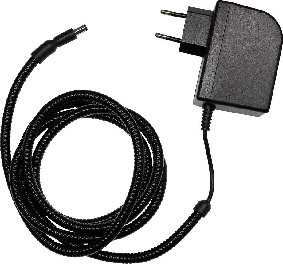 Black power adapter with coiled cord and barrel connector plug on a white background.