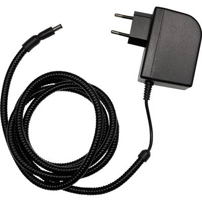 Black power adapter with coiled cord and barrel connector plug on a white background.