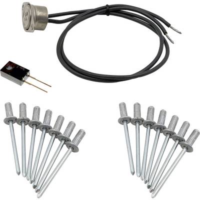 Assorted blind rivets, a small sensor with cable, and one electronic component on a white background.<br>