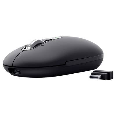 Black wireless computer mouse with a USB dongle shown beside it on a white background.