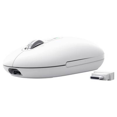 White wireless computer mouse with a USB receiver dongle shown beside it<br>