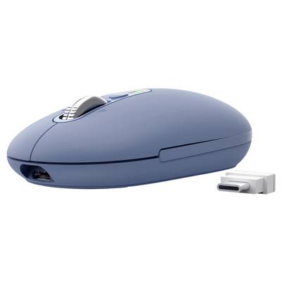 Blue wireless computer mouse with USB-C receiver shown beside it on a white background