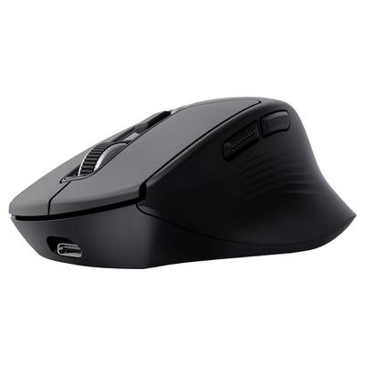 Black wireless computer mouse shown in side view on a white background.