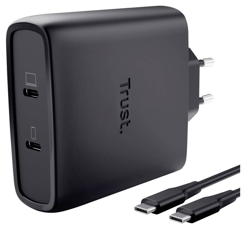 Black Trust USB wall charger with two USB-C ports and attached dual USB-C cables<br>