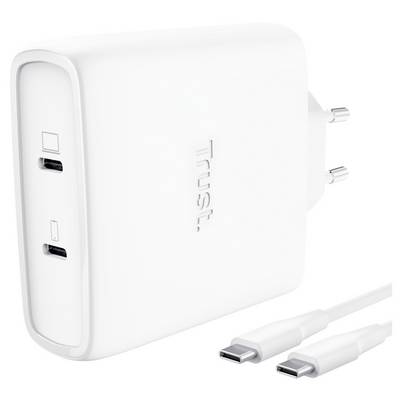 White Trust wall charger with two USB-C ports and two USB-C cables on a white background.