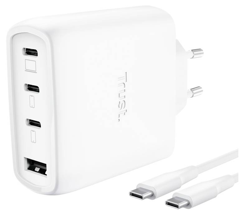 White Trust wall charger with two USB-C ports, one USB-A port, and foldable prongs, shown with two USB-C cables.