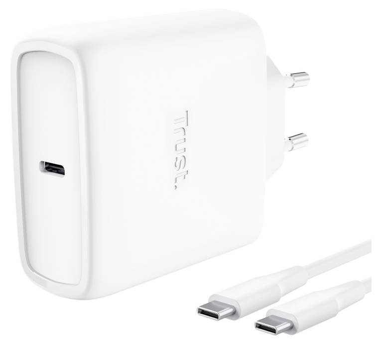 White Trust USB-C wall charger with two-prong plug and two USB-C cables shown on a white background.