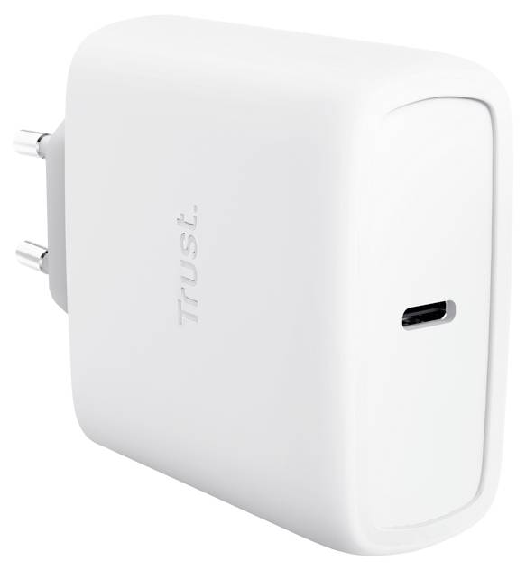 White Trust USB wall charger with two round prongs and a single USB-C port<br>