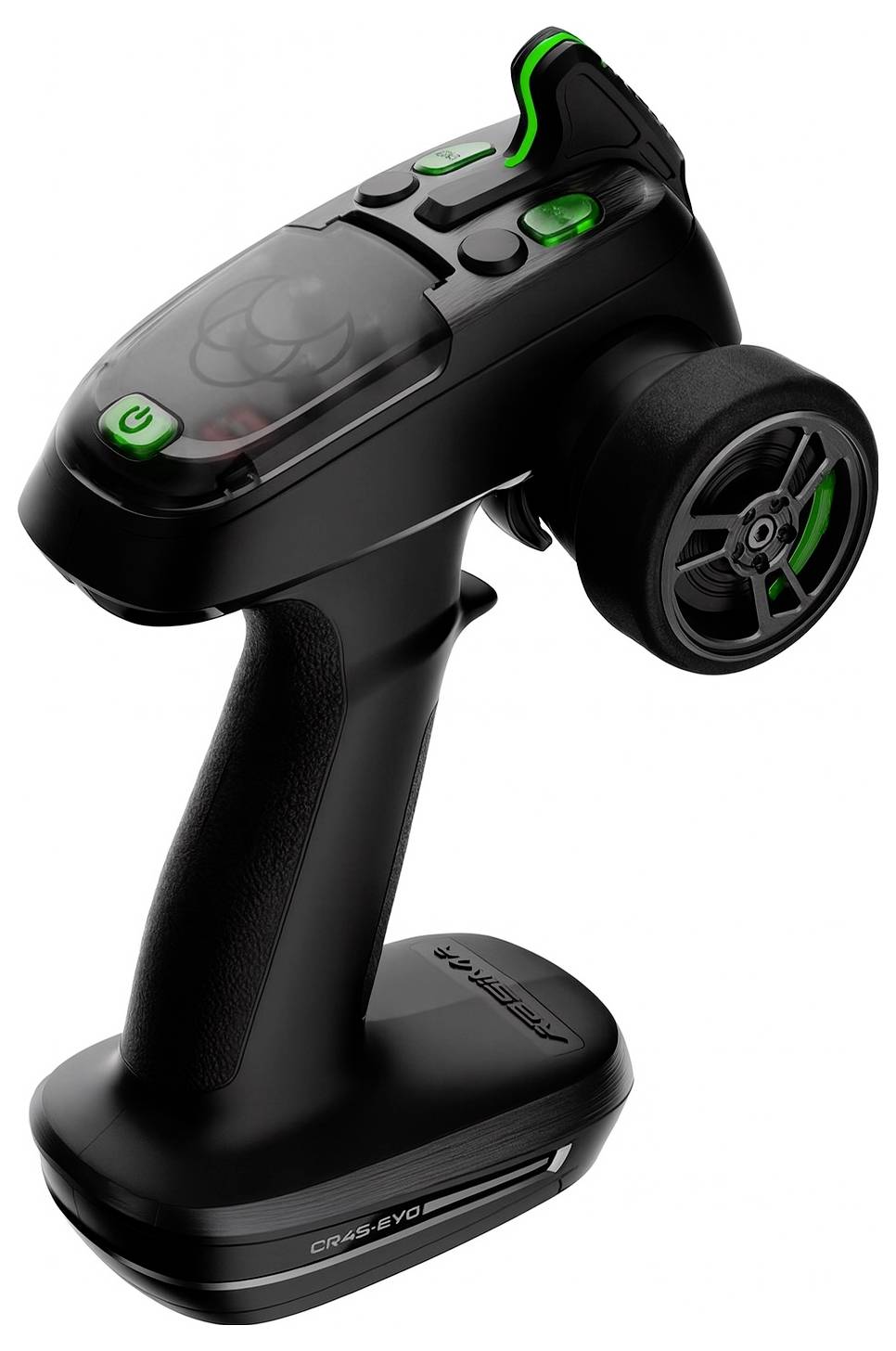 Black handheld gaming controller with a pistol grip, green-lit buttons, and a side wheel, shown on a white background.