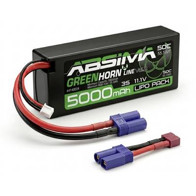 Black ABSIMA Greenhorn 5000mAh 11.1V LiPo battery pack with red and black leads and blue/red connectors on a white background