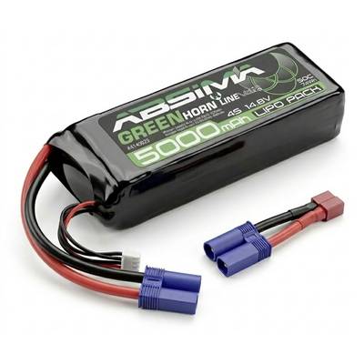 Black 5000mAh 4S 14.8V LiPo battery pack with connectors and label 'ABSIMAX Green Horn' on a white background.