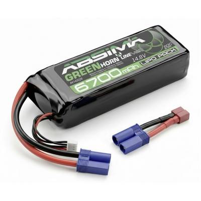 Black 14.8V 5700mAh LiPo battery pack with red and black leads and blue/red connectors on a white background