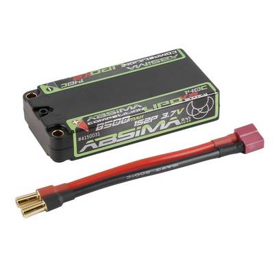 Black 6500mAh 3.7V LiPo battery with red and black adapter cable on a white background.