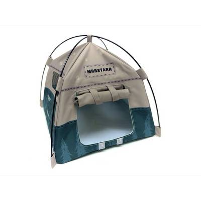 Small beige and teal pet tent or carrier with a front opening, labeled 'MRRSTARR', shown on a white background.