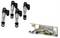 Assorted small spring-loaded mechanical clips and hardware parts, including four black-silver latch pieces and a clear bag of mixed fasteners.