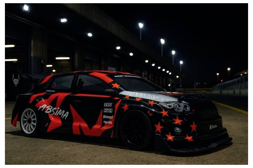 Red and black modified race car with star graphics parked in a dimly lit tunnel at night.<br>