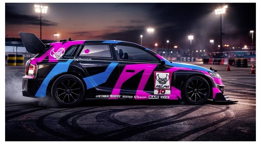 Modified racing car drifting on a track at dusk, covered in bright pink and blue sponsor graphics, with smoke and floodlights in the background.