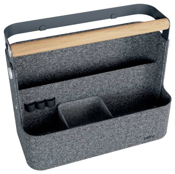 Gray felt organizer bag with wooden handle, multiple pockets, and dividers for carrying tools or office supplies