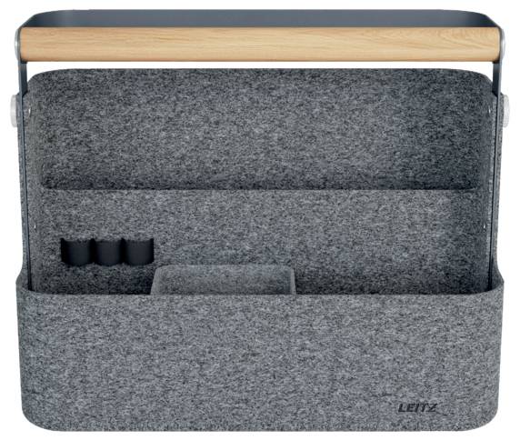Gray felt tote bag organizer with wooden handle, multiple compartments, and small black pockets for carrying and sorting items