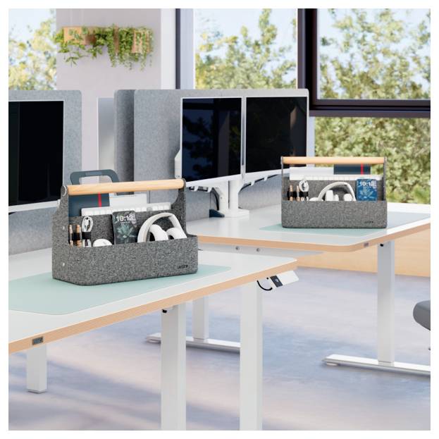 Modern open-plan office with white desks, monitors, and gray desk organizers holding stationery and headphones near large windows.<br>