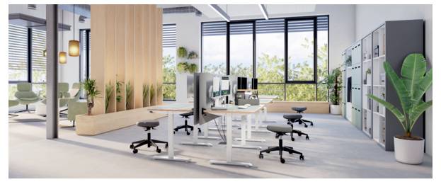 Modern open-plan office with shared desks, rolling chairs, cabinets, plants, and large windows bringing in daylight.