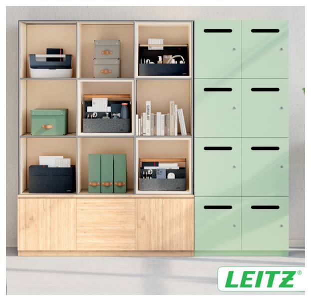 Modular office storage cabinet with open cubbies and mint-green lockers, showing organized boxes, binders, and files; Leitz logo at bottom right.