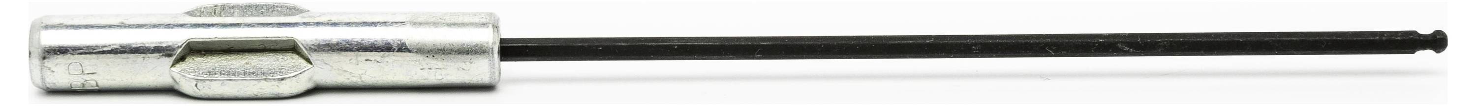 Chrome-handled screwdriver with a long black shaft and flat tip, shown horizontally on a white background.