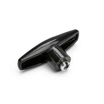 Black plastic T-handle knob with threaded metal insert on a white background.