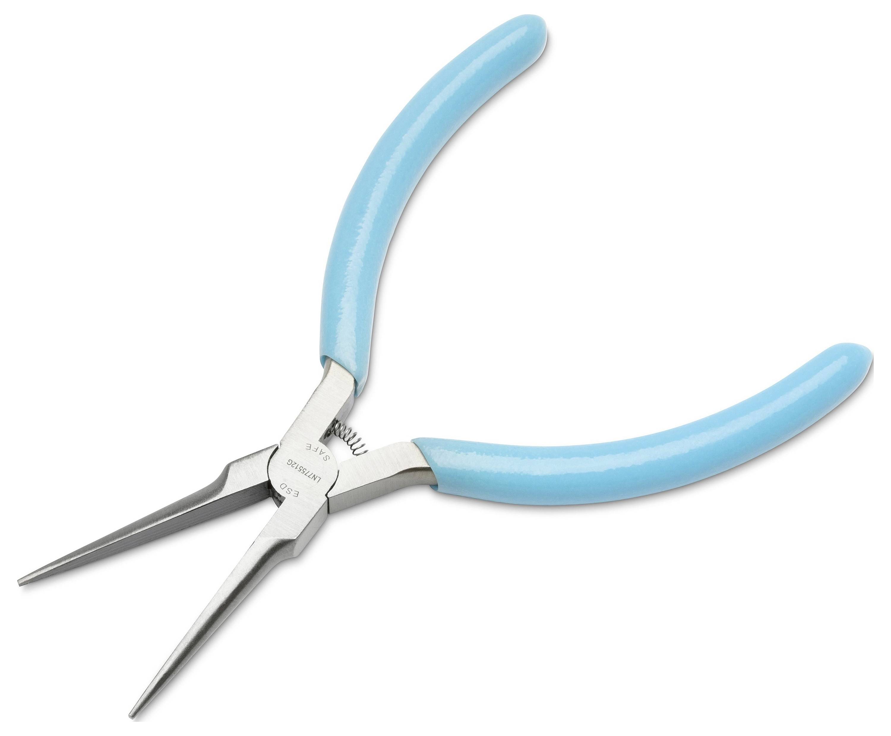 Blue-handled needle-nose pliers with long pointed jaws, shown open on a white background.