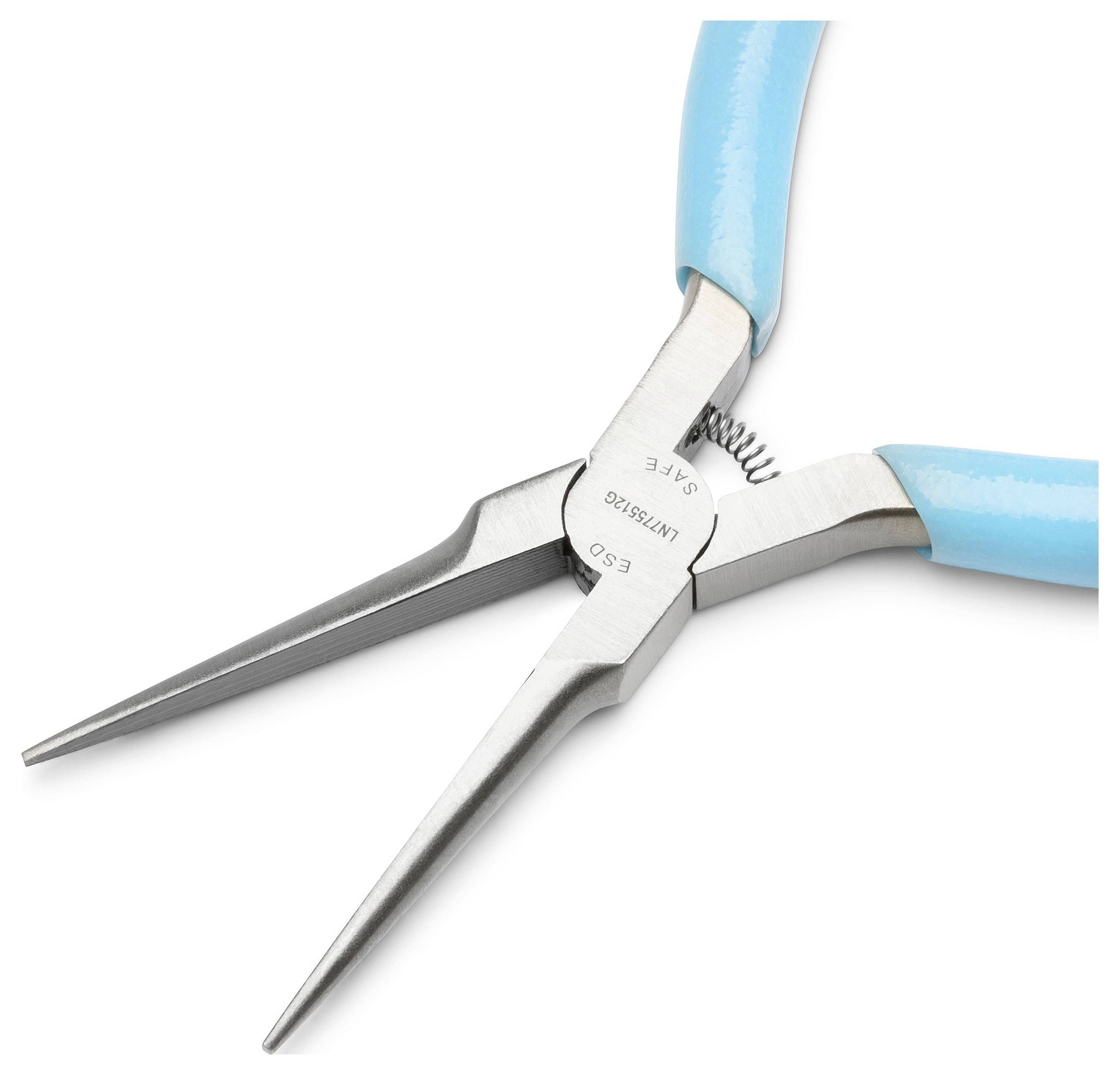 Close-up of long-nose pliers with blue handles on a white background, jaws open and crossed.<br>
