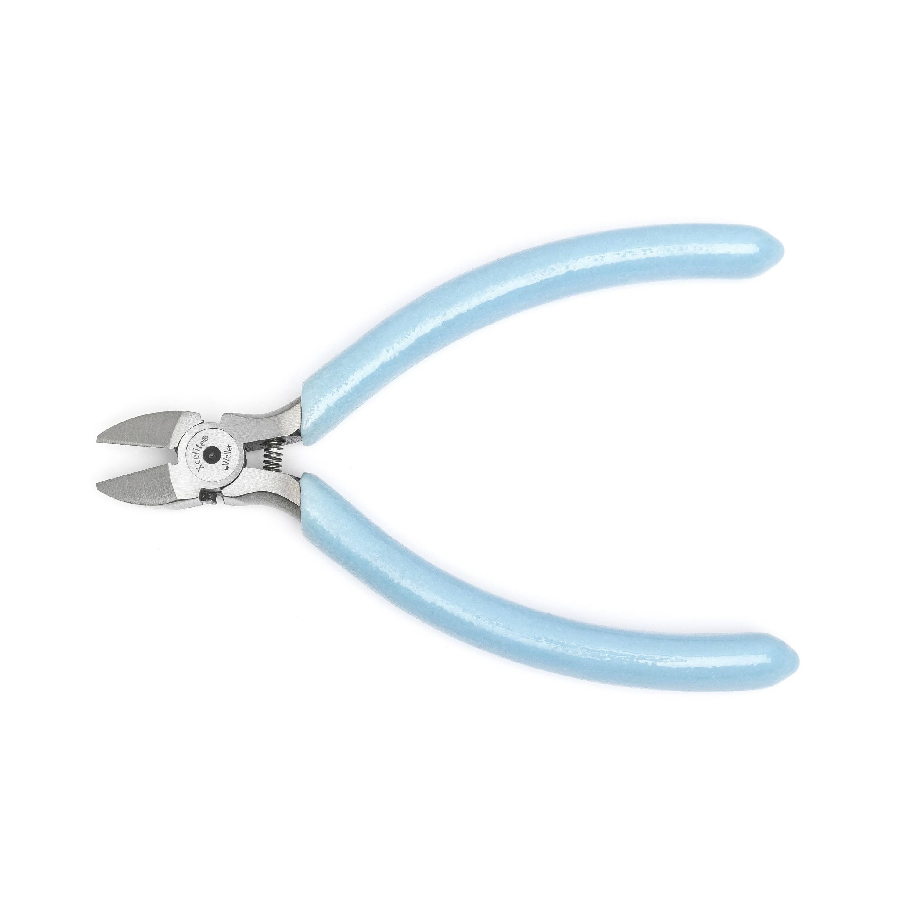 Blue-handled wire cutters or diagonal pliers on a white background, shown open and facing left.