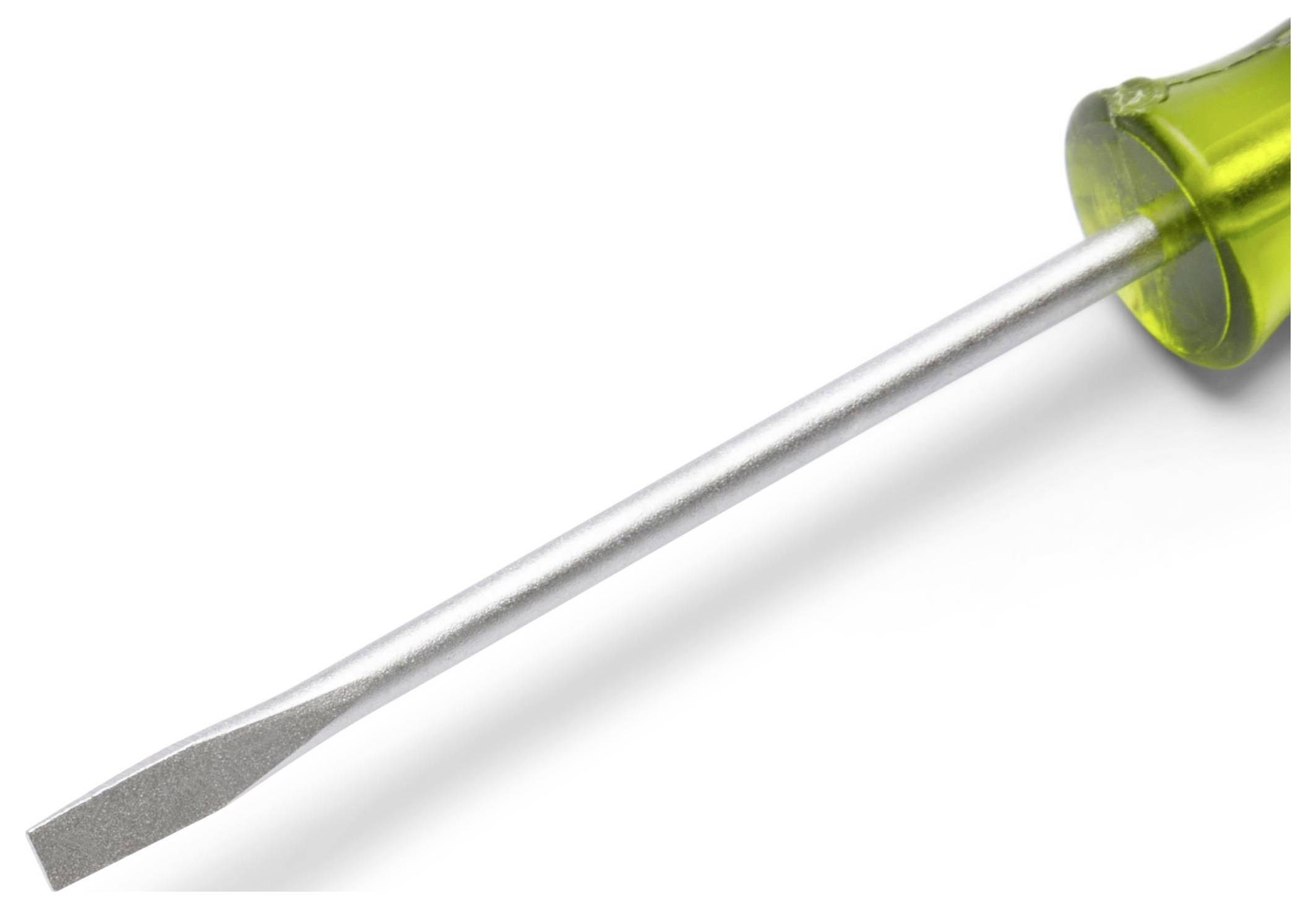 Close-up of a flathead screwdriver with a green translucent handle on a white background.