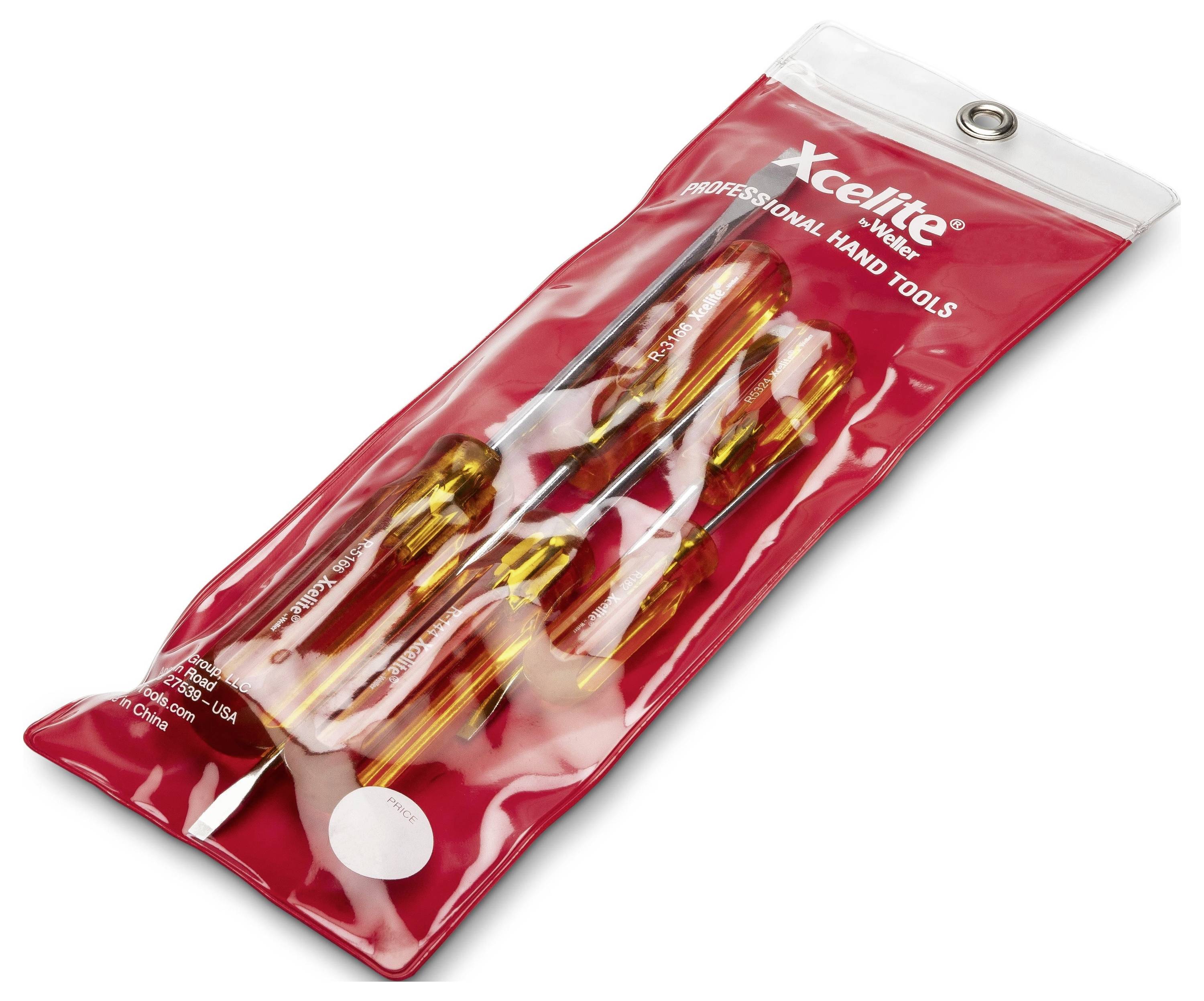 Red Xcelite professional hand tools pouch containing several amber-handled screwdrivers, shown in clear plastic packaging with a metal hanger hole.