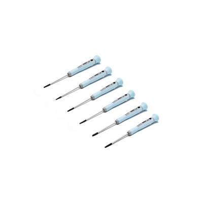 Six blue-handled precision screwdrivers arranged diagonally on a white background.