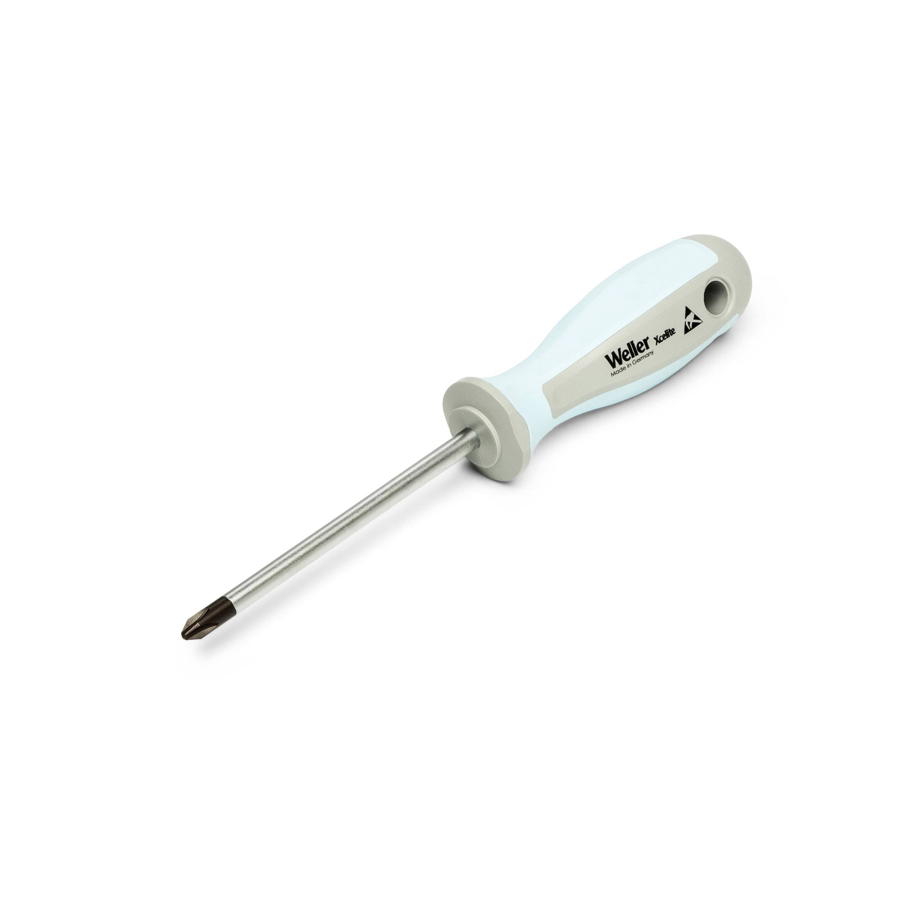 Light blue and gray Phillips screwdriver with a metal shaft and black tip on a white background.