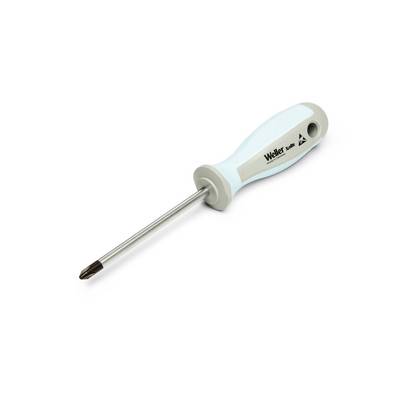 Light blue and gray Phillips screwdriver with a metal shaft and black tip on a white background.
