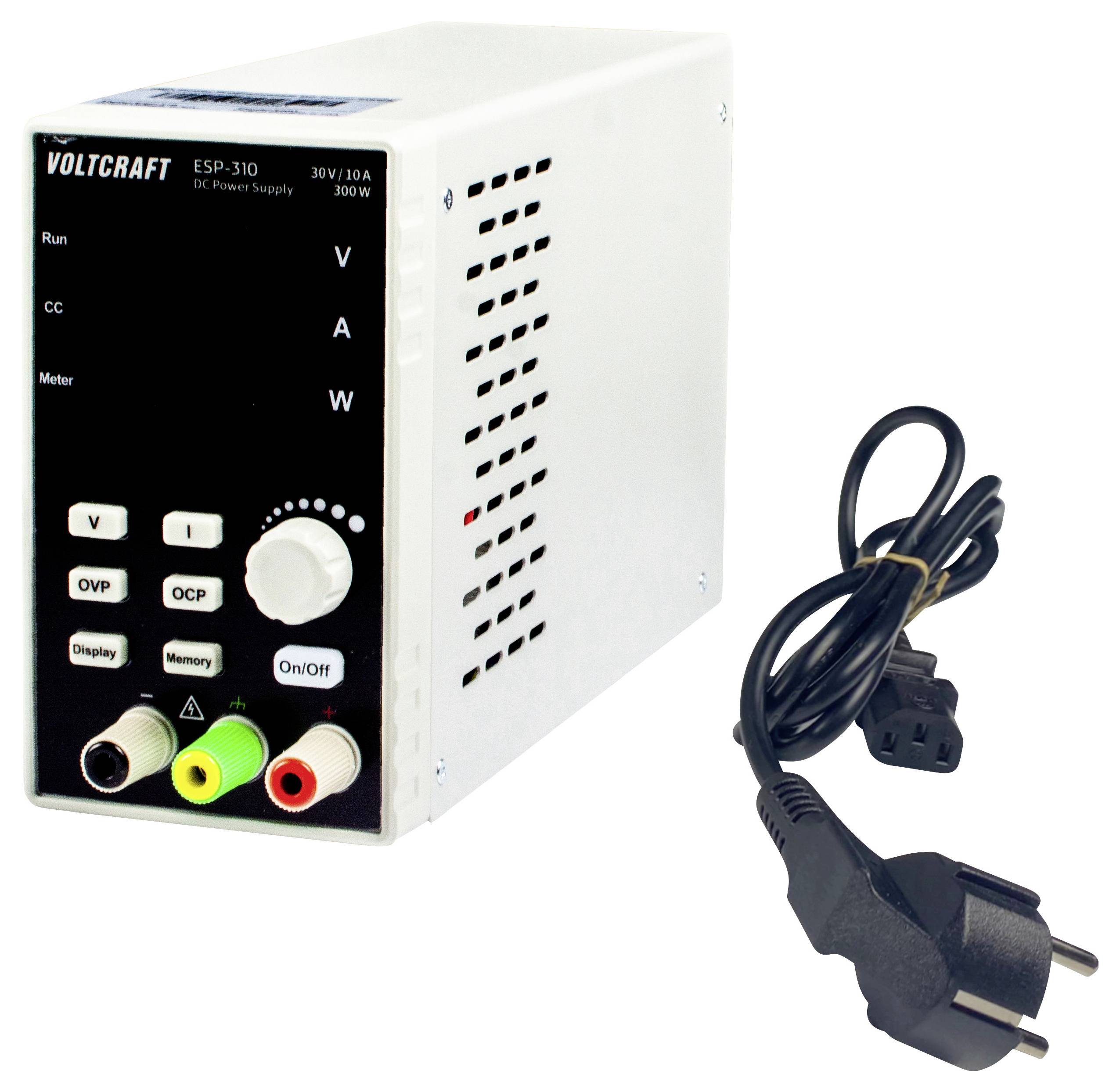 Voltcraft ESP-310 DC power supply with front controls and display, shown with a power cord and plug.