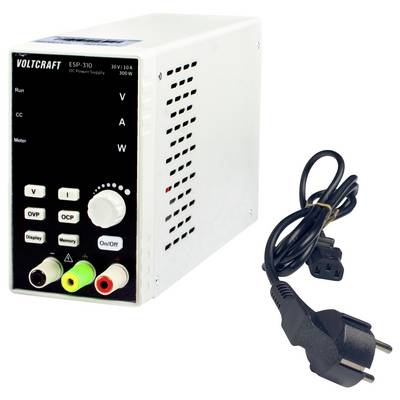 Voltcraft ESP-310 DC power supply with front controls and display, shown with a power cord and plug.