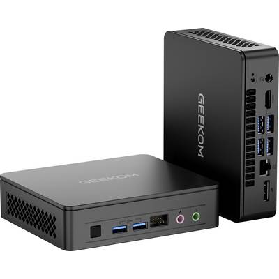 Two Geekom mini PCs, one lying flat and one standing upright, showing front and side ports on a white background.