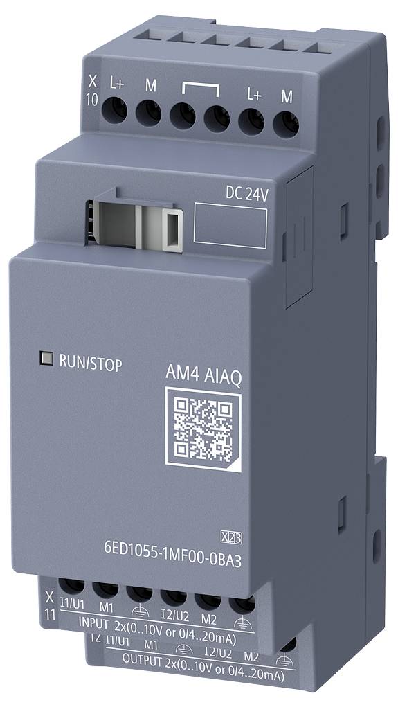 Gray AM4 AIAQ industrial control module with QR code, DC 24V power label, RUN/STOP switch, and numbered input/output terminal connections.