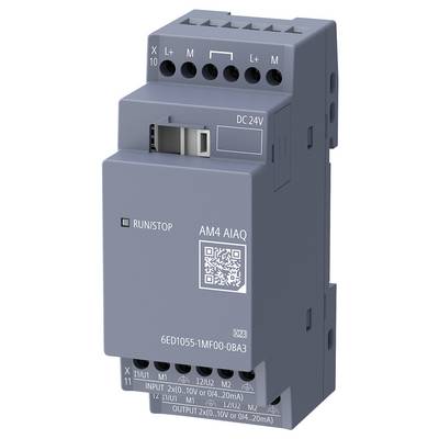 Gray AM4 AIAQ industrial control module with QR code, DC 24V power label, RUN/STOP switch, and numbered input/output terminal connections.