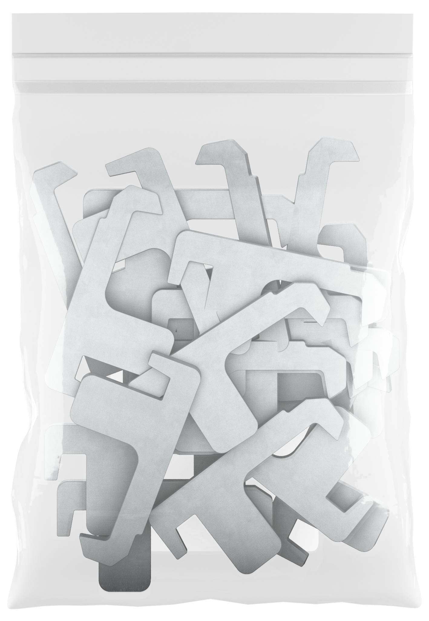 A clear zip-top plastic bag filled with assorted silver-gray metal letters or shape cutouts, stacked and overlapping inside.