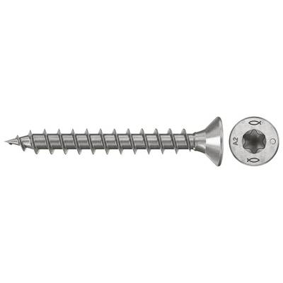 Metal screw with a sharp tip and wide head shown in side view, with a close-up of the star-shaped drive recess on the head.