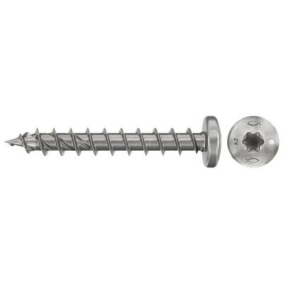 A metal screw with a sharp point and washer head is shown from the side, with a close-up of its Torx drive head on the right.