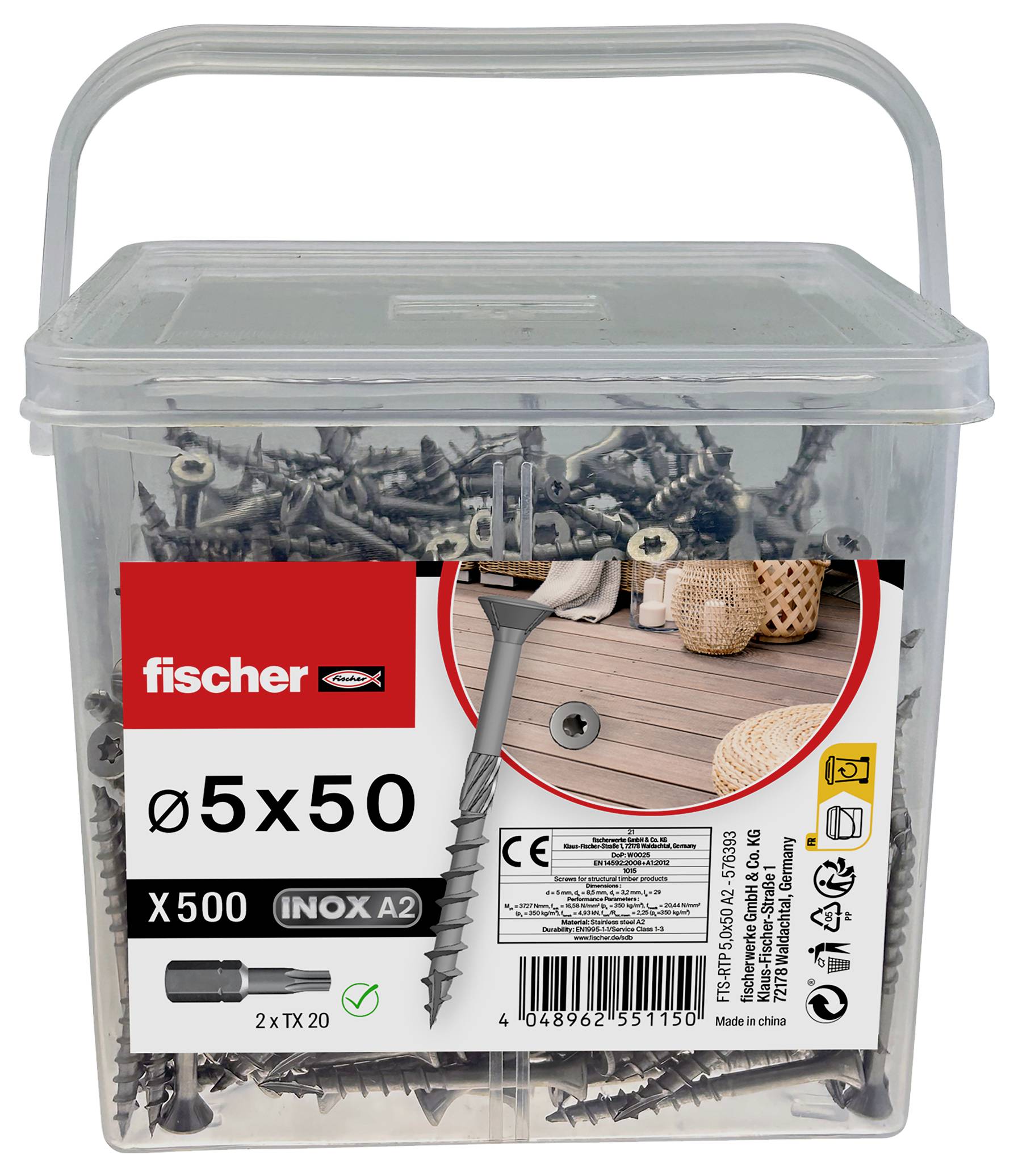 Plastic storage box filled with Fischer screws, labeled 'ø5x50' and 'X500', with a handle lid and product label on the front.