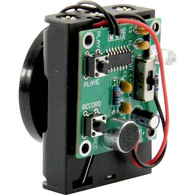 Close-up of a small electronic voice recorder module with speaker, circuit board, and buttons labeled play and record.