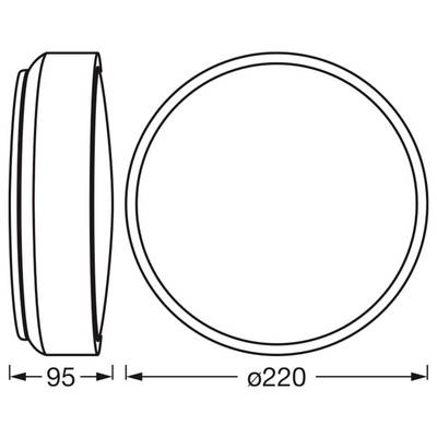 Technical drawing of a round object with side and top views, showing a 95 mm depth and 220 mm diameter.
